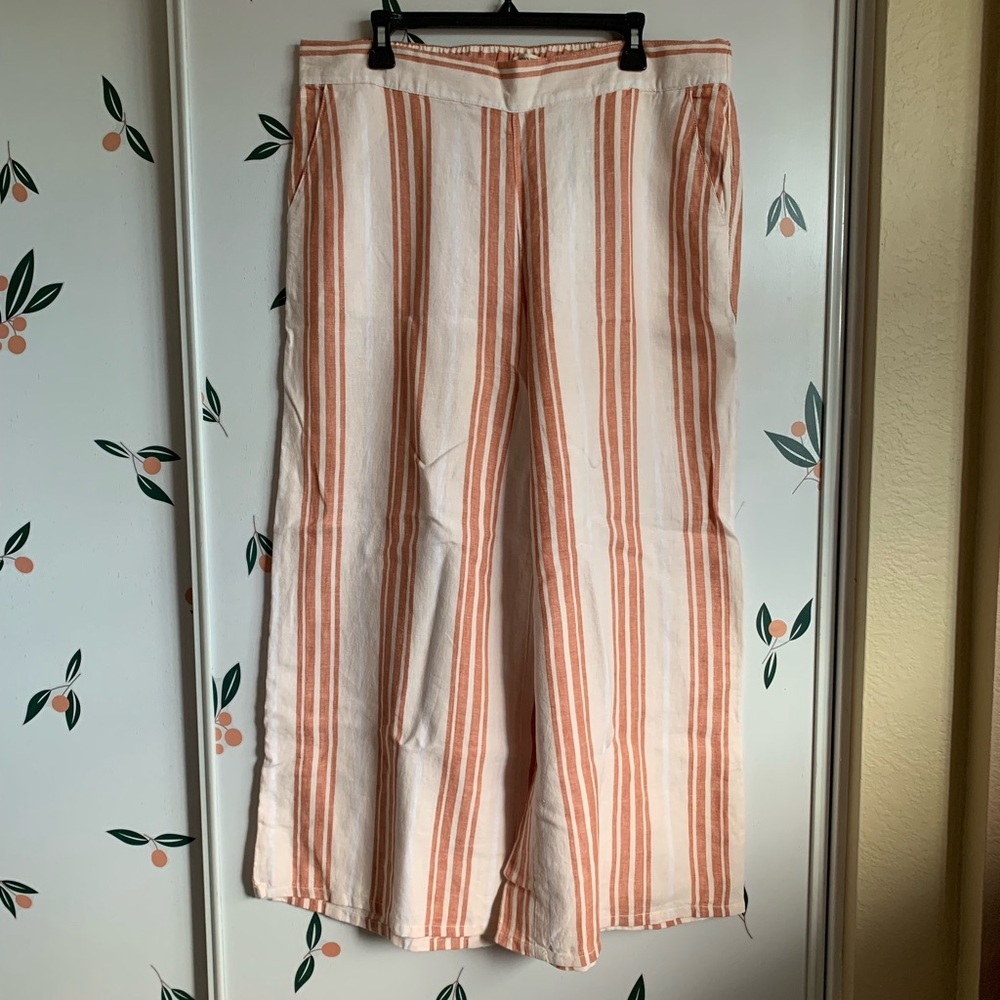 Christian Siriano Linen Cotton Elastic Waist Cream Peach Striped Wide Leg Pants